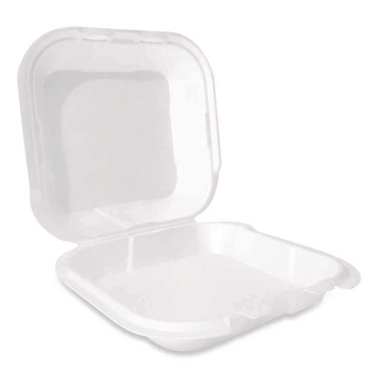 Plastifar Foam Hinged Lid Container, Secure Two Tab Latch, Poly Bag, 9 x 9 x 3, White, 100/Bag, 2 Bags/Carton (PST12095)