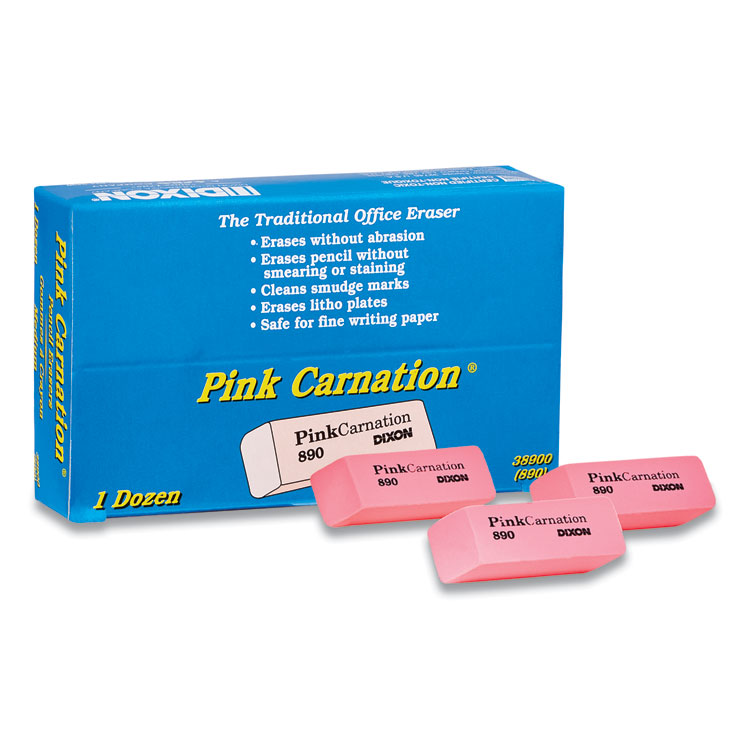 Dixon Pink Carnation Erasers, For Pencil Marks, Rectangular Block, Medium, Pink, Dozen (DIX38900)