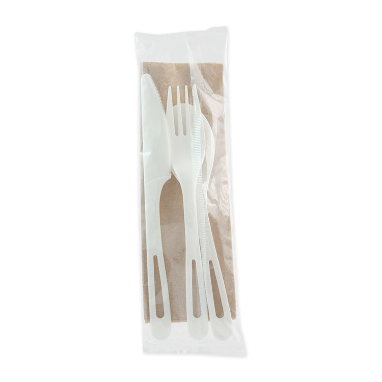 World Centric TPLA Compostable Cutlery Kit, Fork/Knife/Napkin/Spoon, Plastic, White, 250/Carton (WORASPSTN)