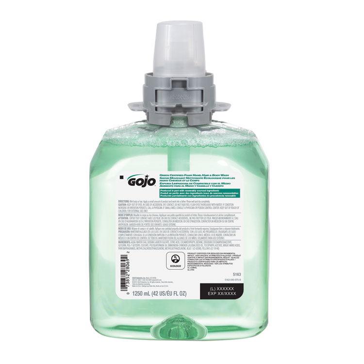 GOJO Green Certified Foam Hair and Body Wash Refill, Cucumber Melon Scent, 1,250 mL, 4/Carton (GOJ516304CT)