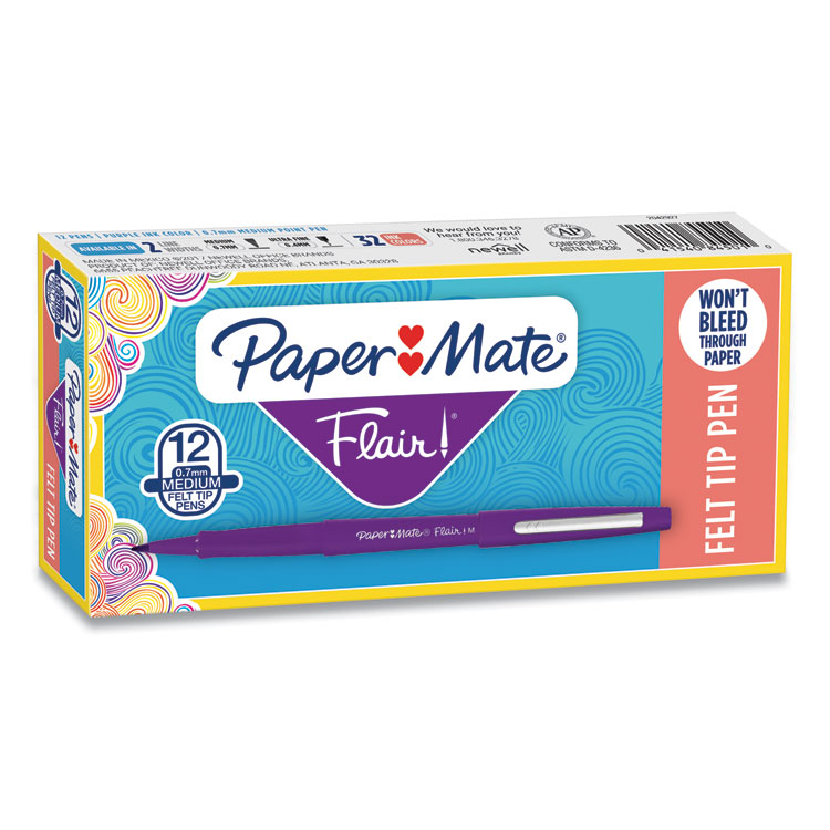 Paper Mate Point Guard Flair Felt Tip Porous Point Pen, Stick, Medium 0.7 mm, Purple Ink, Purple Barrel, Dozen (PAP8450152)