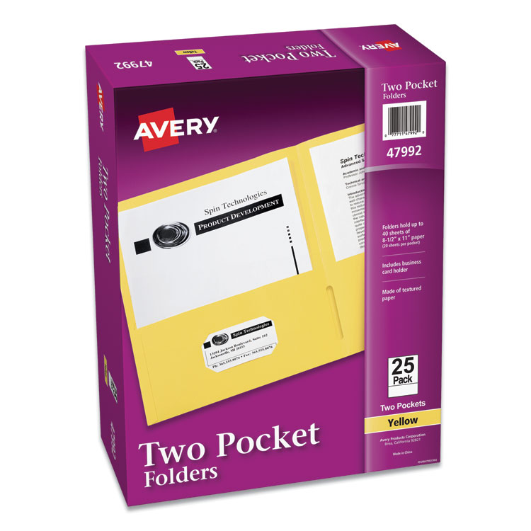Avery Two-Pocket Folder, 40-Sheet Capacity, 11 x 8.5, Yellow, 25/Box (AVE47992)