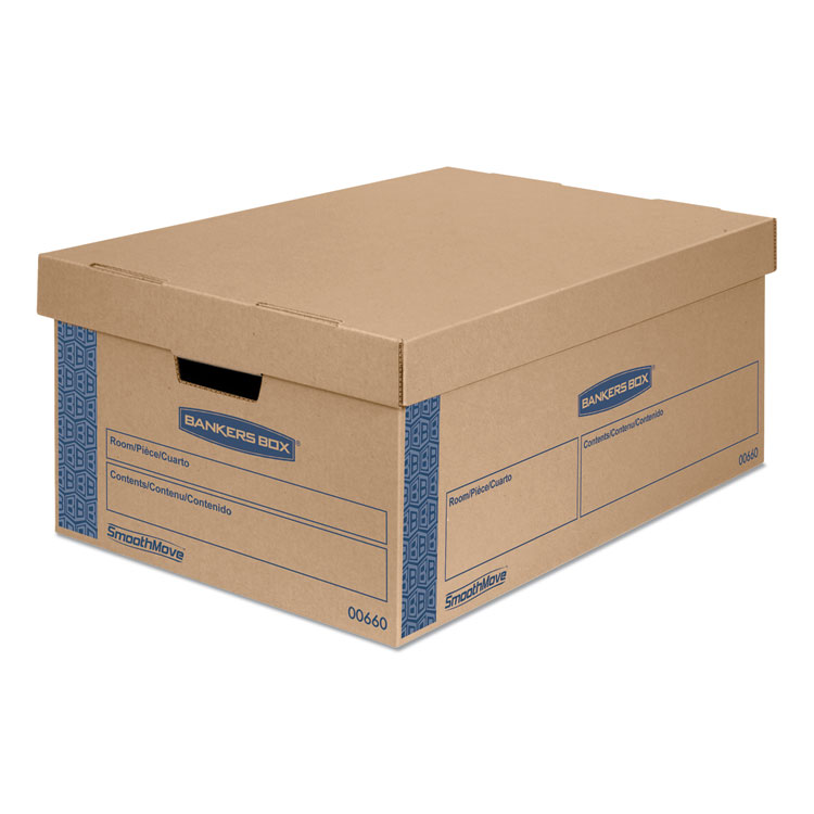 Bankers Box SmoothMove Prime Moving/Storage Boxes, Lift-Off Lid, Half Slotted Container, Large, 15" x 24" x 10", Brown/Blue, 8/Carton (FEL0066001)