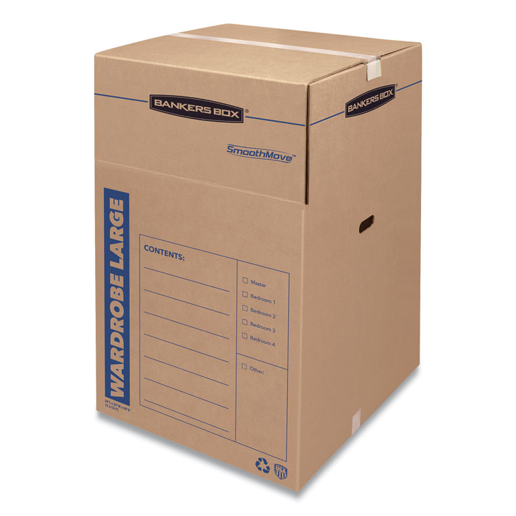Bankers Box SmoothMove Wardrobe Box, Regular Slotted Container (RSC), 24" x 24" x 40", Brown/Blue, 3/Carton (FEL7711001)