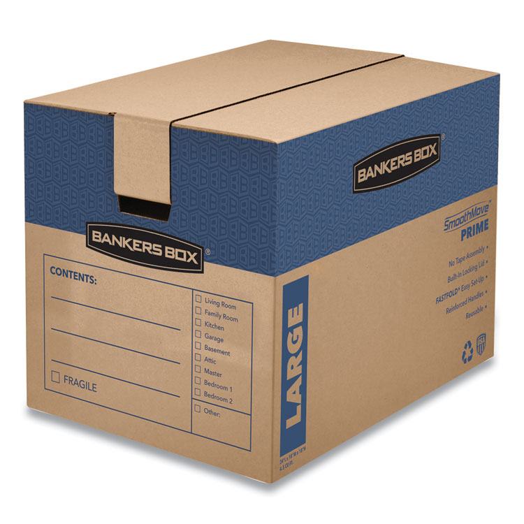 Bankers Box SmoothMove Prime Moving/Storage Boxes, Hinged Lid, Regular Slotted Container (RSC), 18" x 24" x 18", Brown/Blue, 6/Carton (FEL0062901)