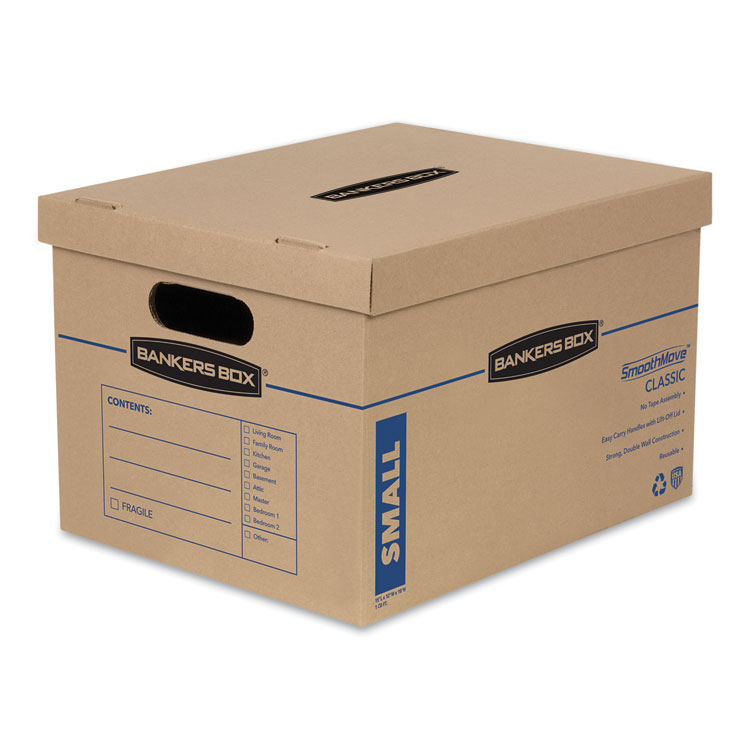 Bankers Box SmoothMove Classic Moving/Storage Boxes, Half Slotted Container (HSC), Small, 12" x 15" x 10", Brown/Blue, 15/Carton (FEL7714209)