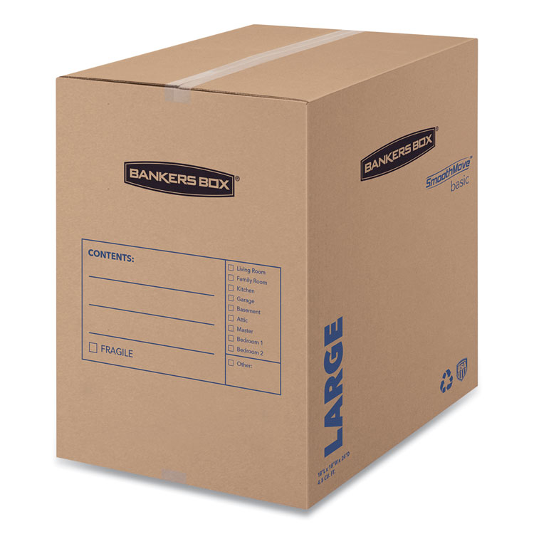 Bankers Box SmoothMove Basic Moving Boxes, Regular Slotted Container (RSC), Large, 18" x 18" x 24", Brown/Blue, 15/Carton (FEL7714001)