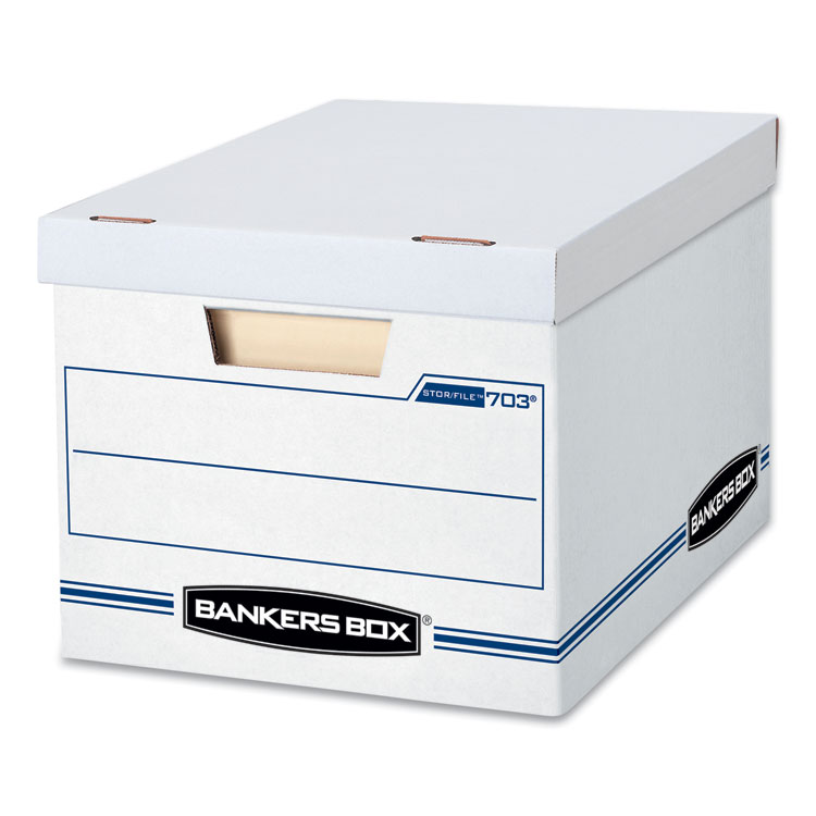 Bankers Box STOR/FILE Basic-Duty Storage Boxes, Letter/Legal Files, 12.5" x 16.25" x 10.5", White/Blue, 4/Carton (FEL0070308)