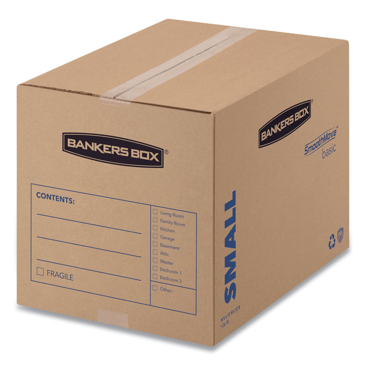 Bankers Box SmoothMove Basic Moving Boxes, Regular Slotted Container (RSC), Small, 12" x 16" x 12", Brown/Blue, 25/Bundle (FEL7713801)