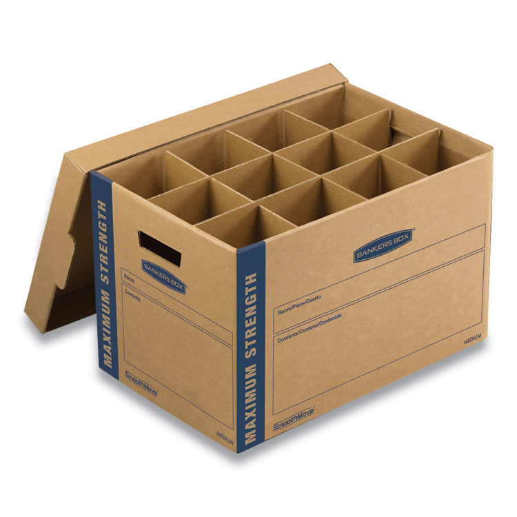 Bankers Box SmoothMove Kitchen Moving Kit with Dividers + Foam, Half Slotted Container (HSC), Medium, 12.25" x 18.5" x 12", Brown/Blue (FEL7710302)