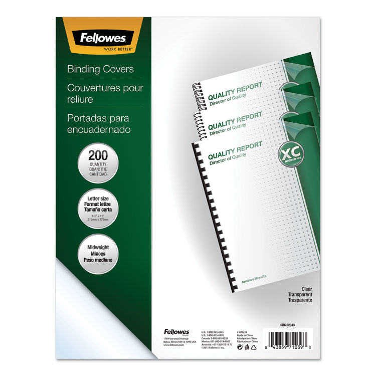Fellowes Crystals Transparent Presentation Covers for Binding Systems, Plastic, Square Corners, 11 x 8.5, Gloss Clear, 200/Pack (FEL5204303)