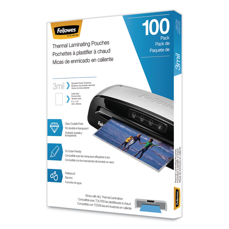 Fellowes Laminating Pouches, 3 mil, 9" x 11.5", Gloss Clear, 100/Pack (FEL5743301)