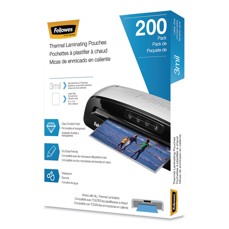 Fellowes Laminating Pouches, 3 mil, 9" x 11.5", Gloss Clear, 200/Pack (FEL5743401)