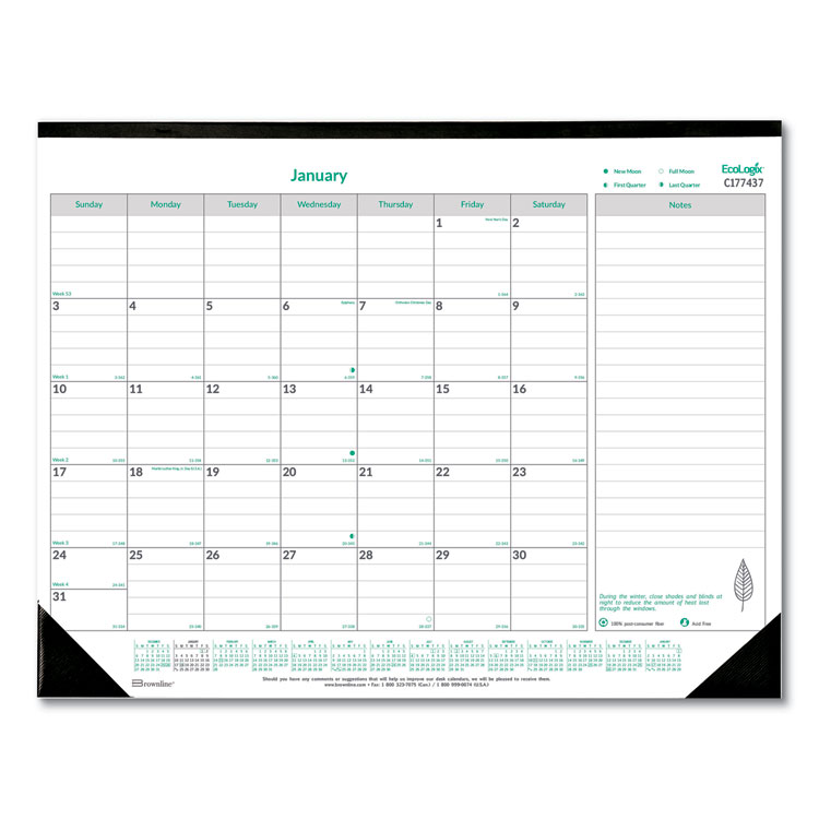 Brownline EcoLogix Monthly Desk Pad Calendar, EcoLogix Artwork, 22 x 17, White/Green Sheets, Black Binding, 12-Month (Jan-Dec): 2026 (REDC177437)