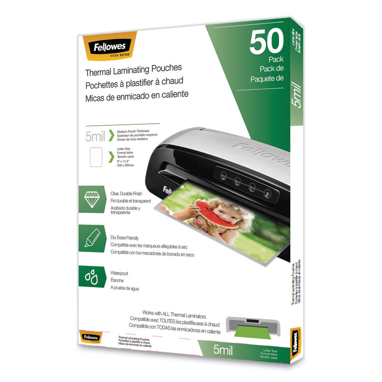Fellowes Thermal Laminating Pouches, 5 mil, 9" x 11.5", Matte Clear, 50/Pack (FEL5744501)