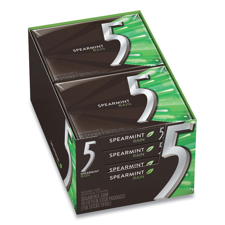 Wrigley's 5 Gum, Spearmint Rain, 15 Sticks/Pack, 10 Packs/Box (WRIWMW51404)