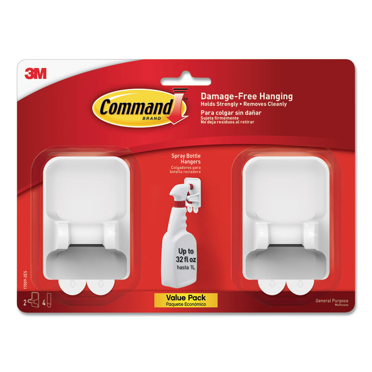Command Spray Bottle Holder, 2.34w x 1.69d x 3.34h, White, 2 Hangers/4 Strips/Pack (MMM170092ES)