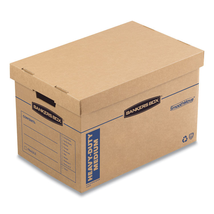 Bankers Box SmoothMove Maximum Strength Moving Boxes, Half Slotted Container (HSC), Medium, 12.25" x 18.5" x 12", Brown/Blue, 8/Pack (FEL7710301)