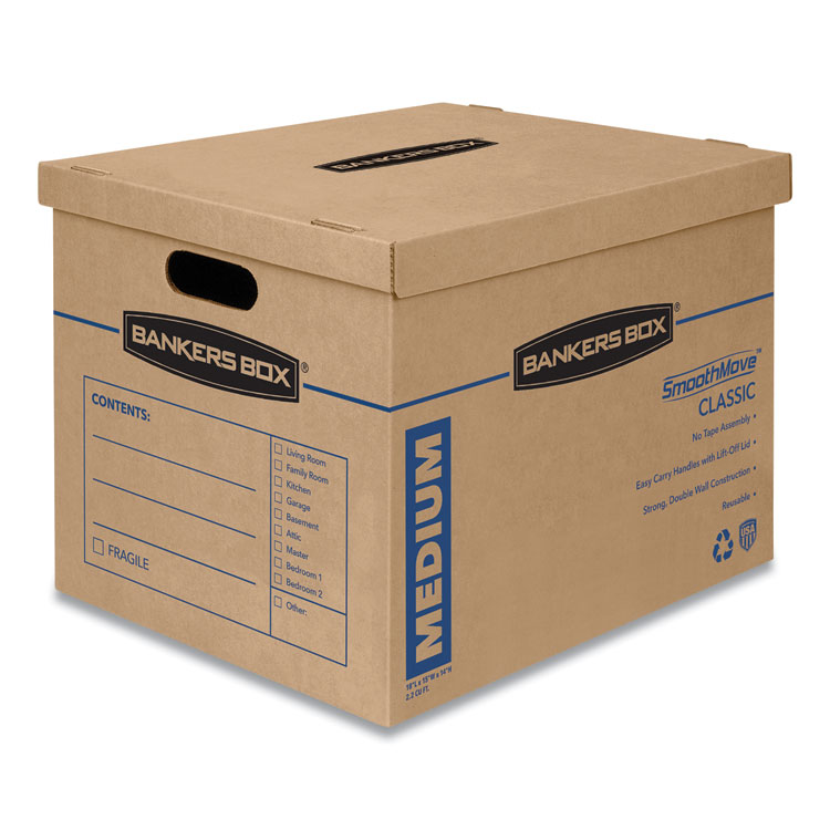 Bankers Box SmoothMove Classic Moving/Storage Boxes, Half Slotted Container (HSC), Medium, 15" x 18" x 14", Brown/Blue, 8/Carton (FEL7717201)