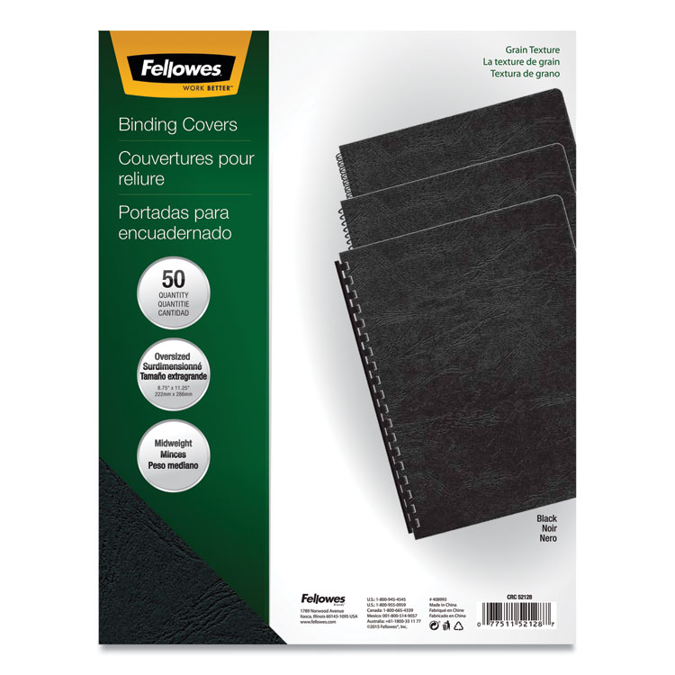 Fellowes Expressions Classic Grain Texture Presentation Covers for Binding Systems, Paper, Round Corners, 11.25 x 8.75, Black, 200/PK (FEL52138)