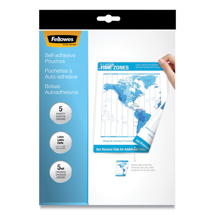 Fellowes Self-Adhesive Laminating Pouches, 5 mil, 9" x 11.5", Gloss Clear, 5/Pack (FEL52205)