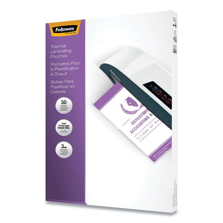 Fellowes Laminating Pouches, 3 mil, 9" x 14.5", Gloss Clear, 50/Pack (FEL52226)