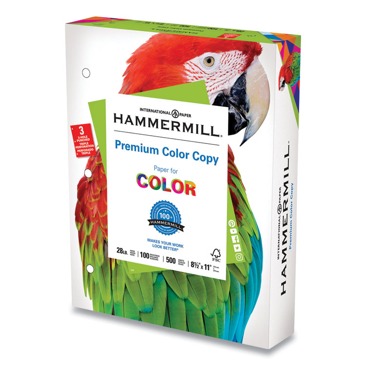 Hammermill Premium Color Copy Print Paper, 100 Bright, 3-Hole, 28 lb Bond Weight, 8.5 x 11, Photo White, 500 Sheets/Ream, 8 Reams/Carton (HAM102500)