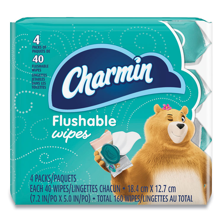 Charmin Flushable Wipes, 1-Ply, 5 x 7.2, Unscented, White, 40 Wipes/Tub, 4 Tubs/Pack (PGC79619)