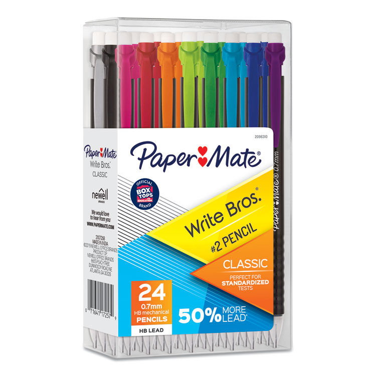 Paper Mate Write Bros Mechanical Pencil, 0.7 mm, HB (#2), Black Lead, Black Barrel with Assorted Clip Colors, 24/Box (PAP2096310)