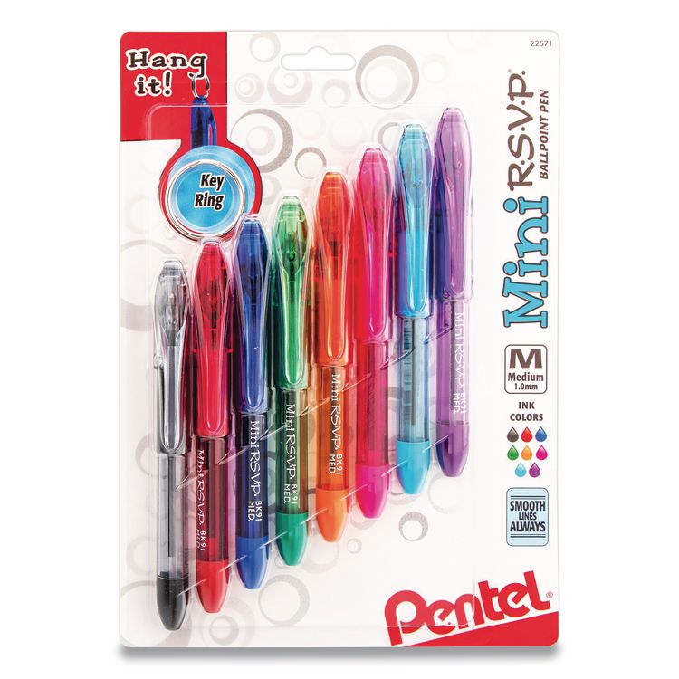 Pentel Mini R.S.V.P. Ballpoint Pen, Stick, Medium 1 mm, Assorted Ink and Barrel Colors, 8/Pack (PENBK91MNBP8M)