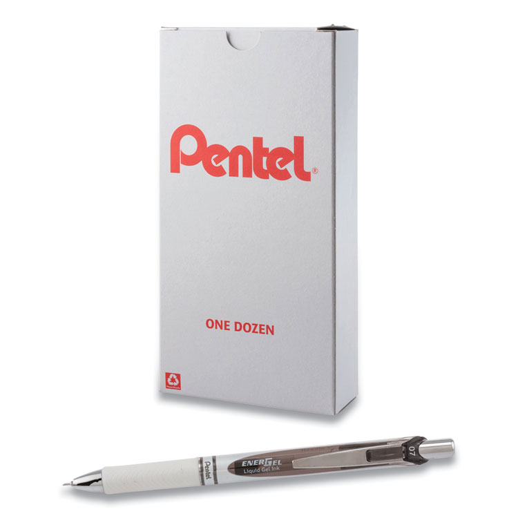 Pentel EnerGel Pearl Gel Pen, Retractable, Medium 0.7 mm, Black Ink, White/Black Barrel, Dozen (PENBLN77PWA)