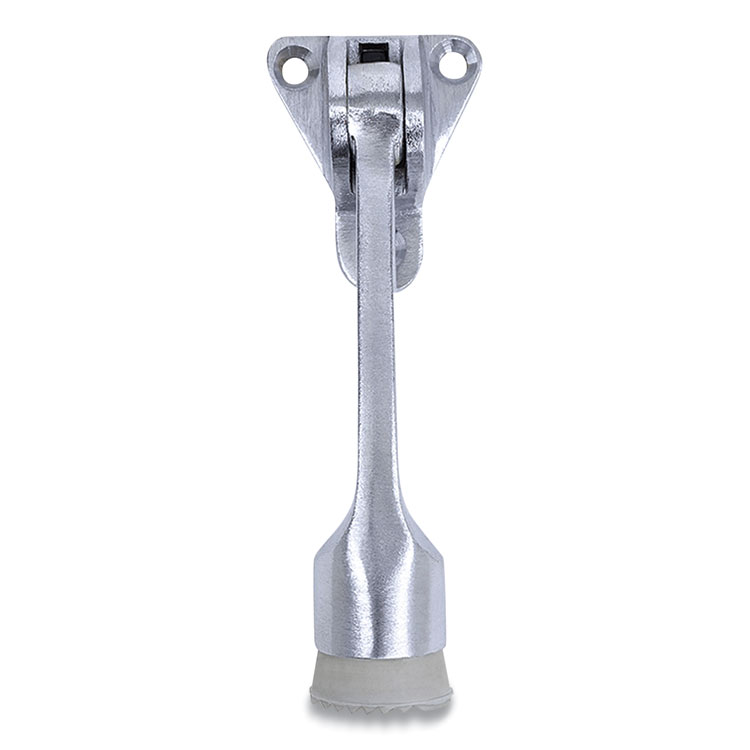 Tell Hinged Kick-Down Door Stop with Triangular Three-Point Mounting Plate, 1" Wide Door Mount, 4.18 Long Stopper, Satin Chrome (PFQDT100008)