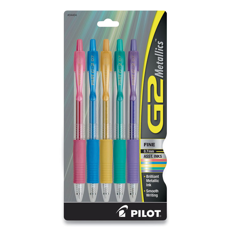 Pilot G2 Metallics Gel Pen, Retractable, Fine 0.7 mm, Assorted Metallic Ink and Barrel Colors, 5/Pack (PIL34404)
