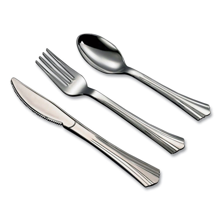 Tablemate Sterling Assorted Plastic Cutlery, Mediumweight, (20) Forks/(15) Knives/(15) Spoons, Plastic, Silver, 50/Pack (TBL8305ASV)