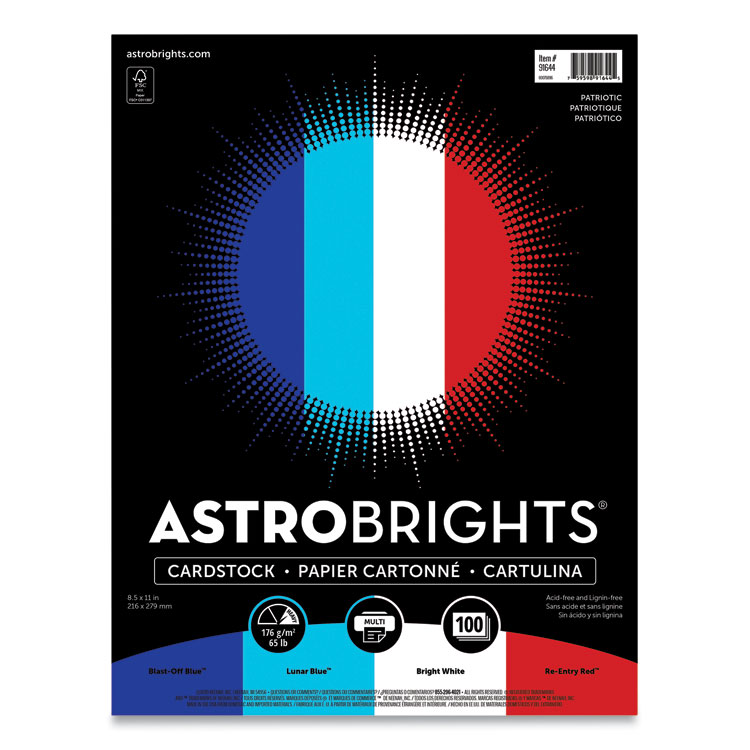 Astrobrights Color Cardstock - "Patriotic" Assortment, 65 lb Cover Weight, 8.5 x 11, Assorted Patriotic Colors, 100/Pack (WAU91644)