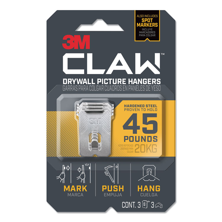 3M Claw Drywall Picture Hanger, Stainless Steel, 45 lb Capacity, 3 Hooks and 3 Spot Markers (MMM3PH45M3ES)