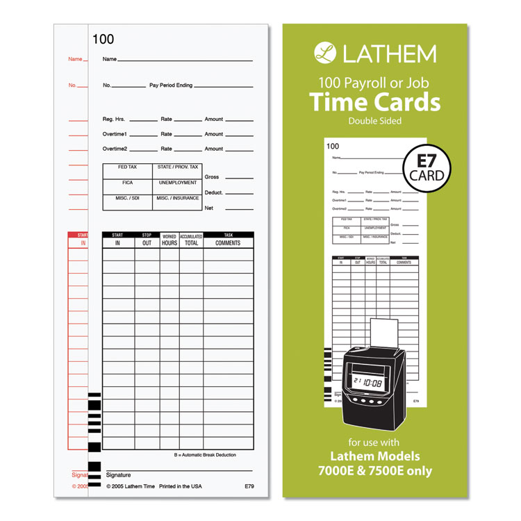 Lathem Time Time Clock Cards for Lathem Time 7000E/7500E, Two Sides, 3.38 x 8.78, 100/Pack (LTHE79100)