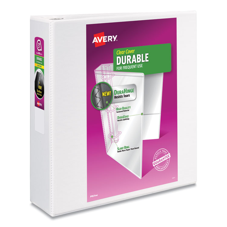 Avery Durable View Binder with DuraHinge and Slant Rings, 3 Rings, 3" Capacity, 11 x 8.5, White, 4/Pack (AVE17030)