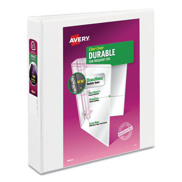 Avery Durable View Binder with DuraHinge and Slant Rings, 3 Rings, 1.5" Capacity, 11 x 8.5, White, 4/Pack (AVE17576)