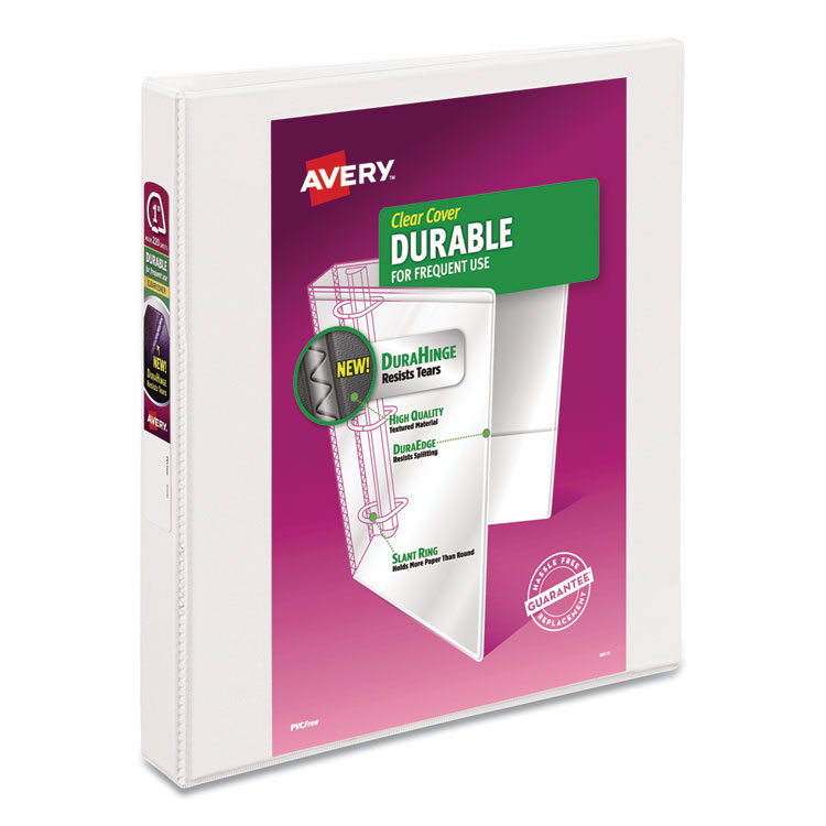 Avery Durable View Binder with DuraHinge and Slant Rings, 3 Rings, 1" Capacity, 11 x 8.5, White, 4/Pack (AVE17575)