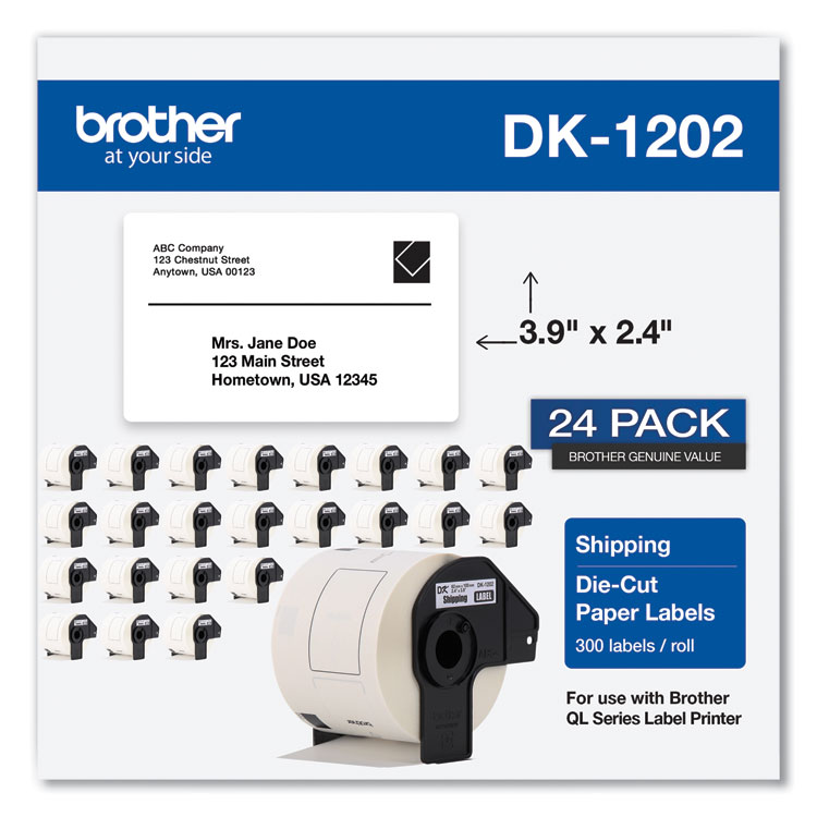 BROTHER INTL. CORP. Die-Cut Shipping Labels, 2.4 x 3.9, White, 300 Labels/Roll, 24 Rolls/Pack (BRTDK120224PK)