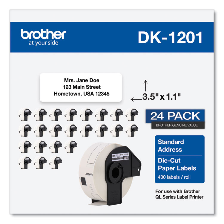 BROTHER INTL. CORP. Die-Cut Address Labels, 1.1 x 3.5, White, 400 Labels/Roll, 24 Rolls/Pack (BRTDK120124PK)