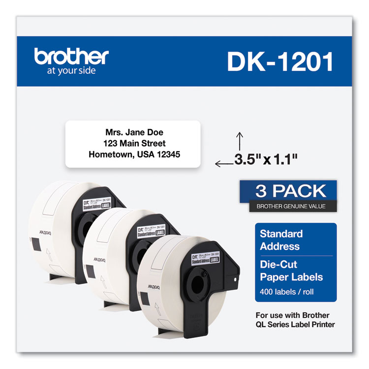 BROTHER INTL. CORP. Die-Cut Address Labels, 1.1 x 3.5, White, 400 Labels/Roll, 3 Rolls/Pack (BRTDK12013PK)