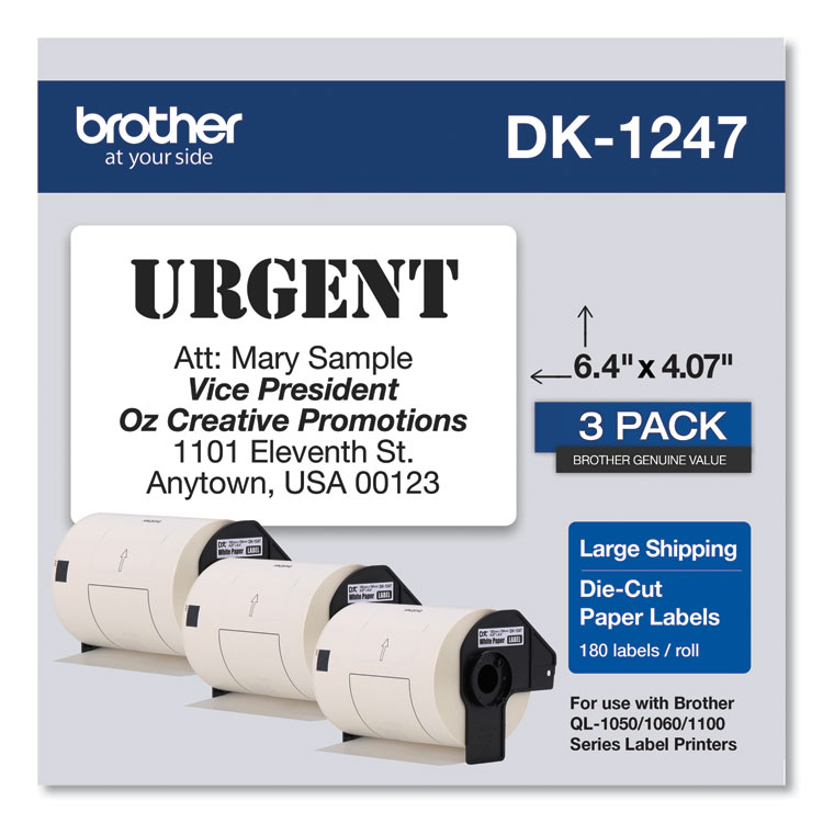 BROTHER INTL. CORP. Die-Cut Shipping Labels, 4.07 x 6.4, White, 180 Labels/Roll, 3 Rolls/Pack (BRTDK12473PK)