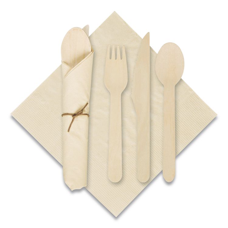Hoffmaster Pre-Rolled Caterwrap Kraft Napkins with Wood Cutlery, Fork/Knife/Napkin/Spoon, Plastic, Brown, 100/Carton (HFM120030)