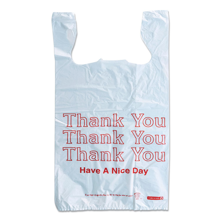 Monarch Plastic "Thank You - Have a Nice Day" Shopping Bags, Cut-Out Handles, 11.5" x 6.5" x 22", White/Red, 250/Box (AVE925128)