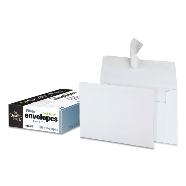 Quality Park Greeting Card/Invitation Envelope, A-4, Square Flap, Redi-Strip Adhesive Closure, 4.5 x 6.25, White, 50/Box (QUA10742)