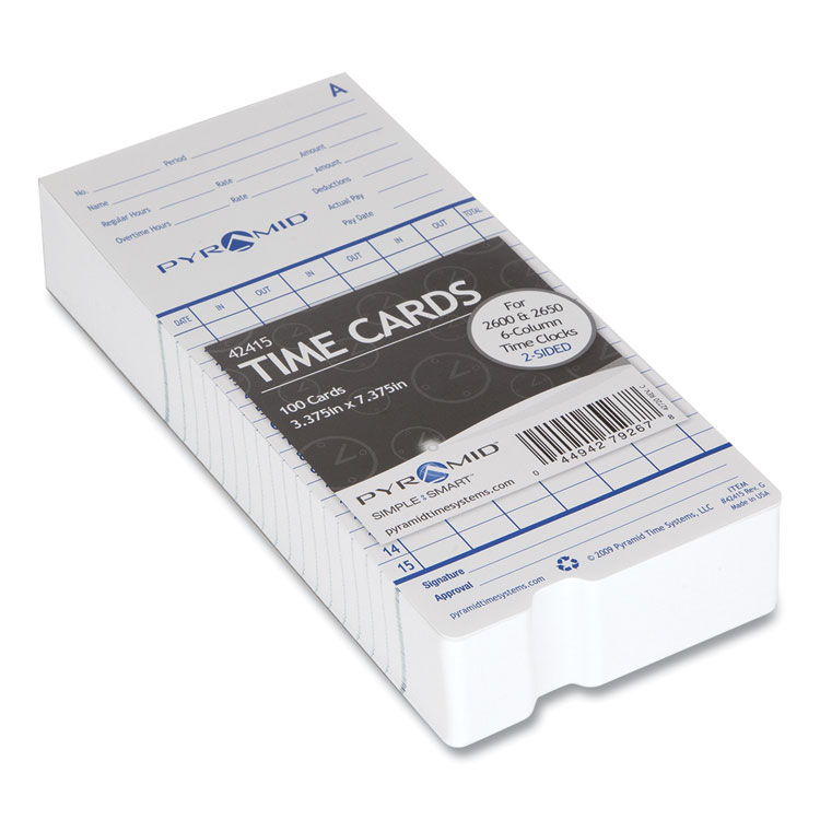 Pyramid Technologies Time Clock Cards for Pyramid Technologies 2000/6000, Two Sides, 3.38 x 7.44, 100/Pack (PTI42415)