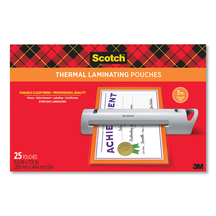 Scotch Laminating Pouches, 3 mil, 11.5" x 17.5", Gloss Clear, 25/Pack (MMMTP385625)