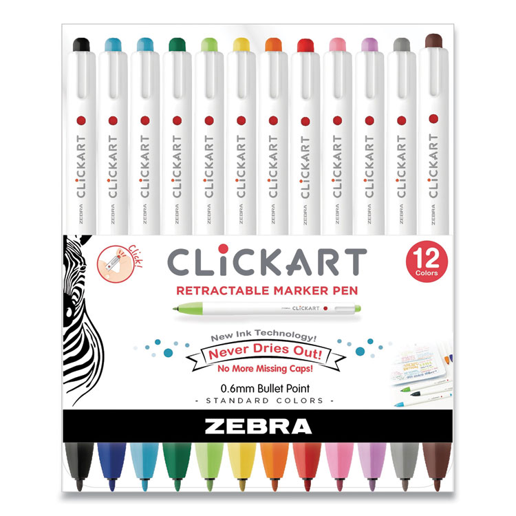 Zebra ClickArt Porous Point Pen, Retractable, Fine 0.6mm, Assorted Ink Colors, White Barrel, 12/Pack (ZEB69012)